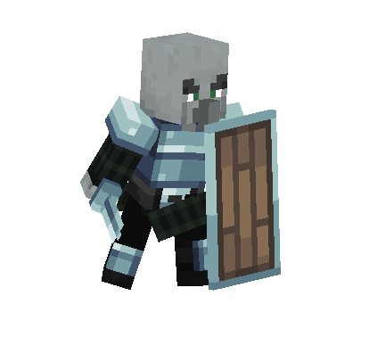 An armored illager bashing a target with their shield.